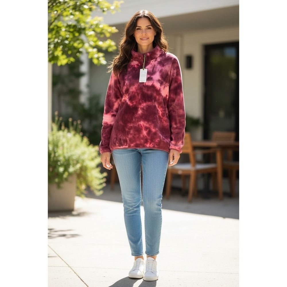 Le Verde Hoodie Womens 3/4 Snap Tie Dye Long Sleeve Velour Top Medium New